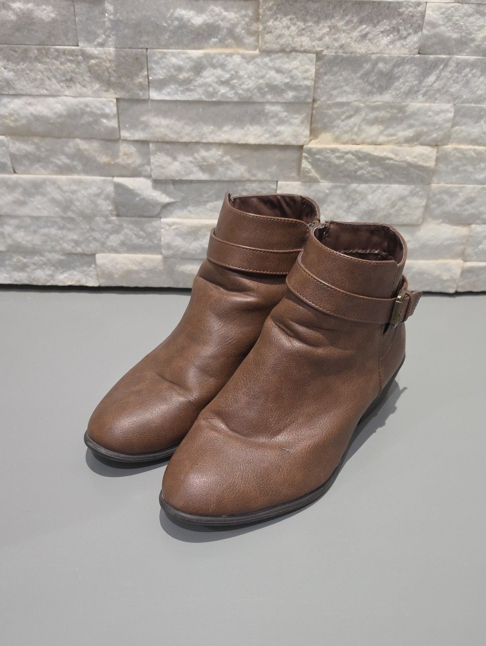 JustFab Brown Faux-Leather Ankle Booties with Side Buckle